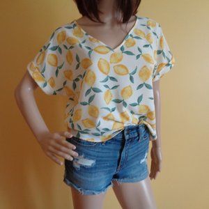 Pink Rose Lemon print loose fit V neck popover top